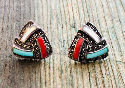 Art Deco Sterling Silver , Marcasite , Turquoise , Red Coral & Mother of Pearl Geometric Triangle Stud Earrings