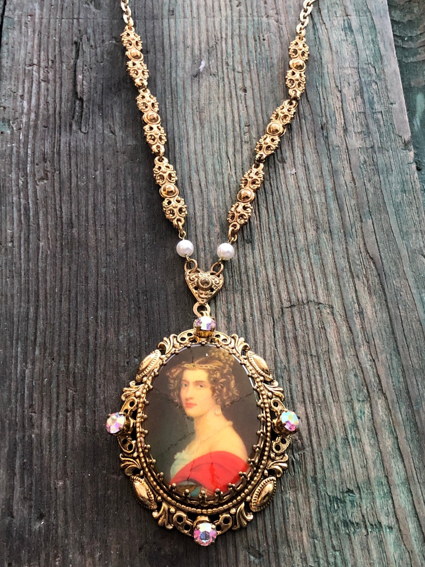 West German 1940 Vintage Limoge Portrait Cameo Gold Brass Filigree Necklace with Aurora Borealis Crystal Rhinestones and Pearls