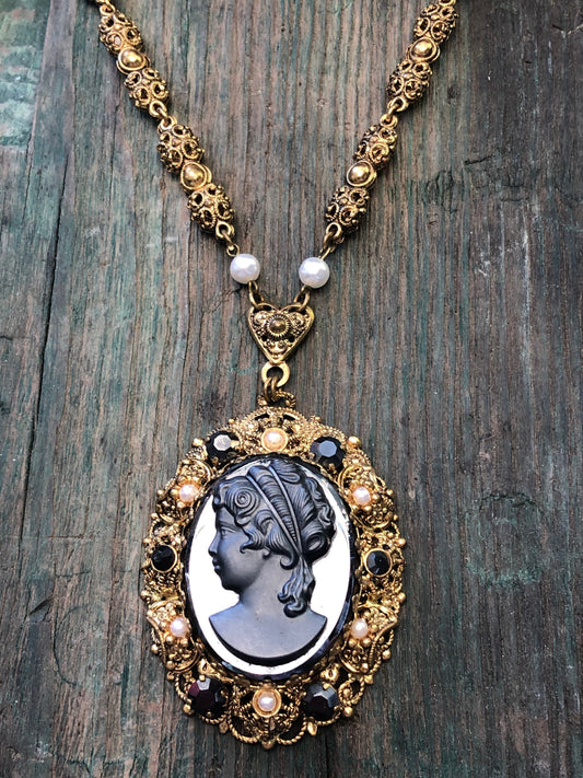 Vintage Black Mourning Cameo West German Brass Gold Filigree Necklace with Black Crystals & Pearls