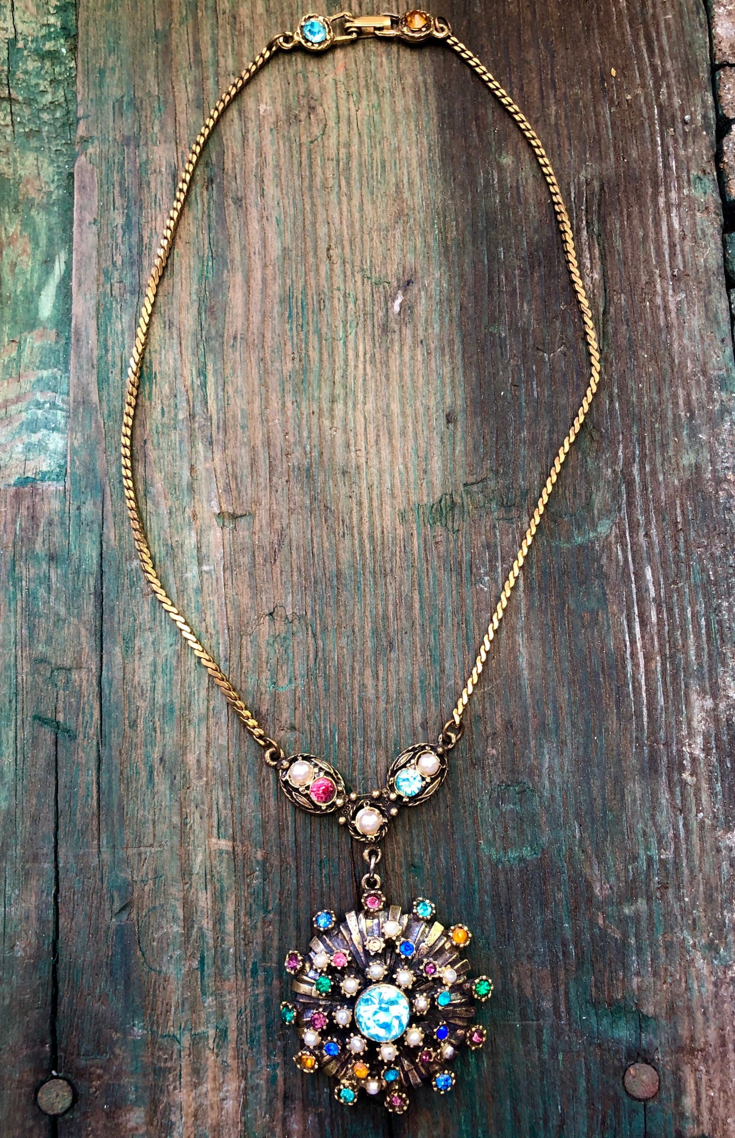 Gorgeous Fruit Salad Multi Colored Crystal Rhinestone & Pearl Brass Necklace