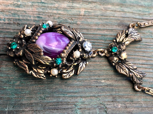 Art Nouveau Purple Marbled Czech Art Glass in Brass Flower & Leaf Setting with Green Crystal Rhinestones and Pearls