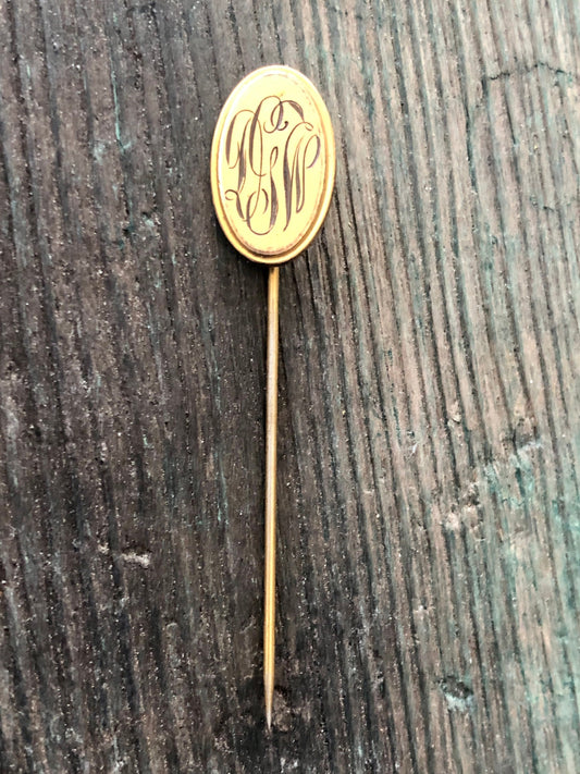 Victorian Monogramed Gold Stick Pin, Lapel Pin, Hat Pin Brooch