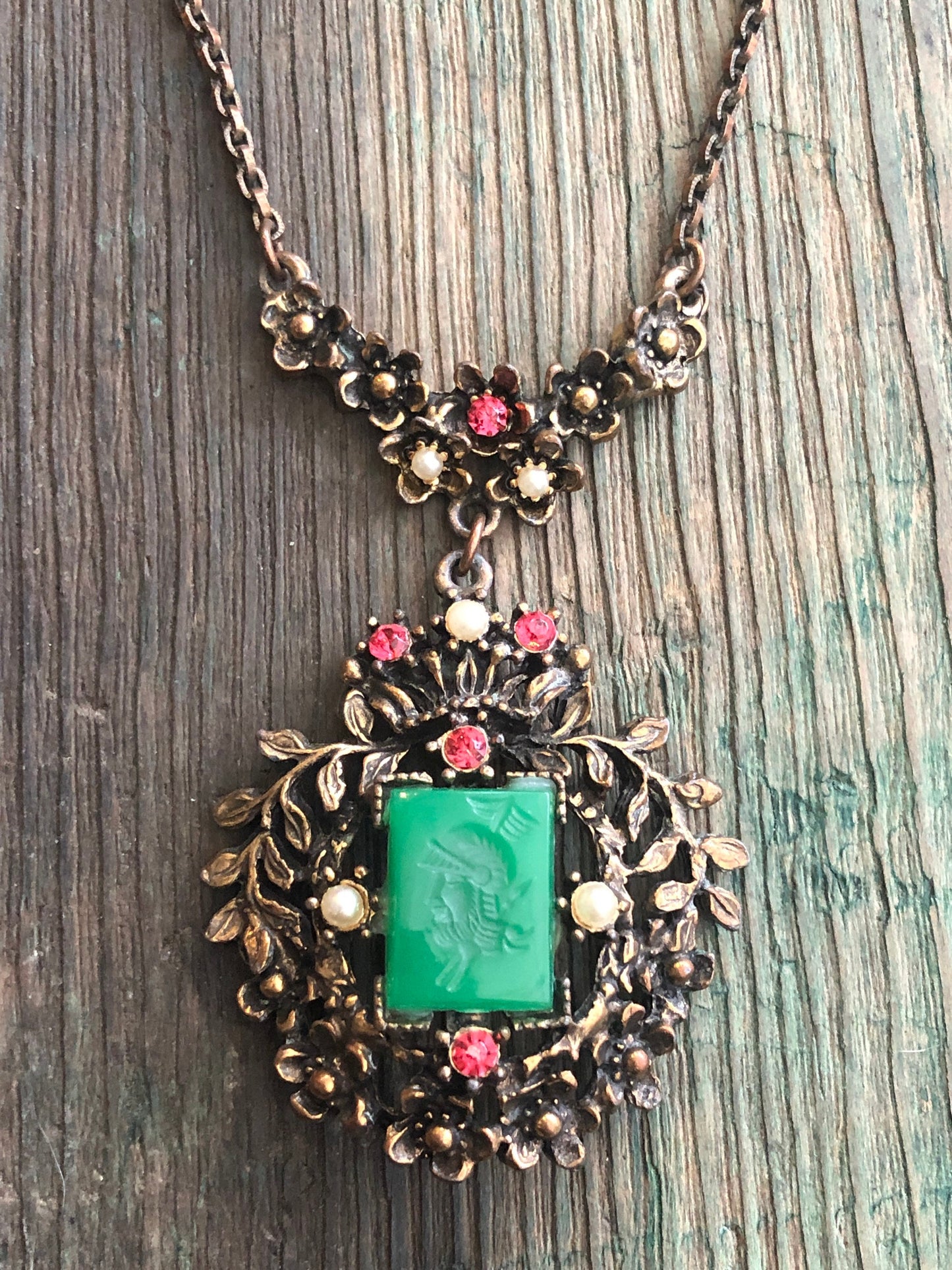 Chrysoprase Green Glass Roman Soldier Cameo In Brass Art Nouveau Setting with Pink Crystal Rhinestones and Pearls