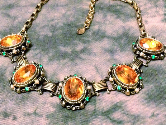 Incredible Victorian Bookchain Chunky Citrine & Peridot Crystal Choker Necklace