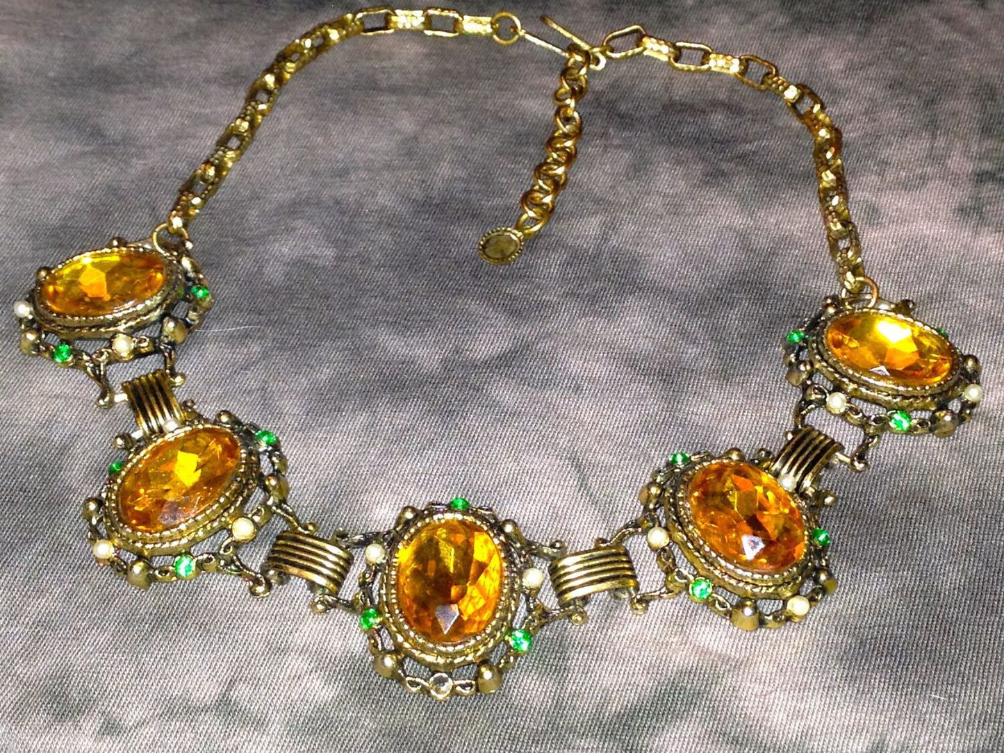 Incredible Victorian Bookchain Chunky Citrine & Peridot Crystal Choker Necklace