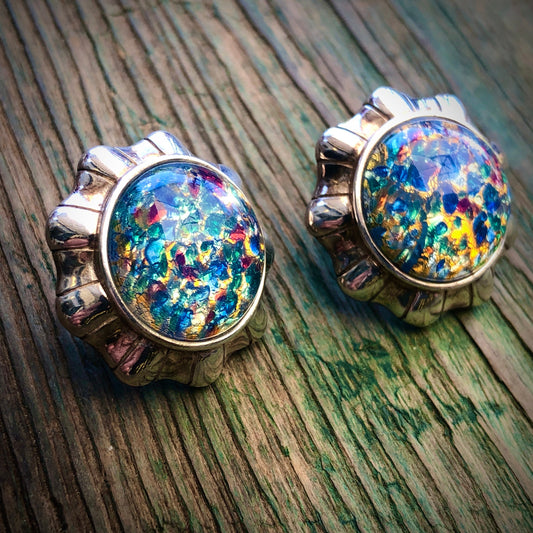 Vintage Dragons Breath Opal Art Glass Sterling Silver Pierced Post Button Earrings