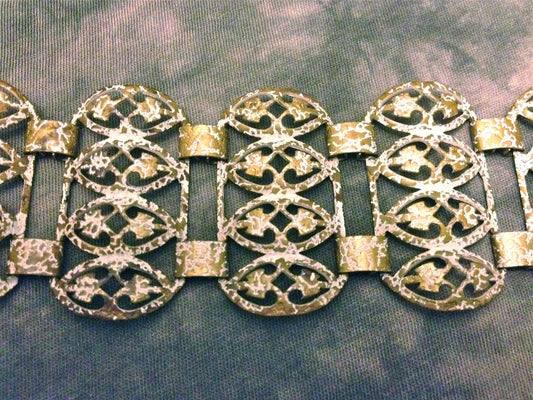 RARE Beautiful Vintage Brass Open Work Filigree Art Nouveau Bracelet with Aged White Enamel Splatter Detail