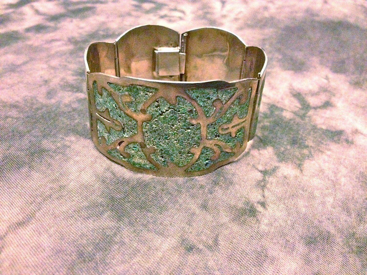 Antique Turquoise Inlay Sterling Silver Mexican Hinged Bangle Panel Bracelet