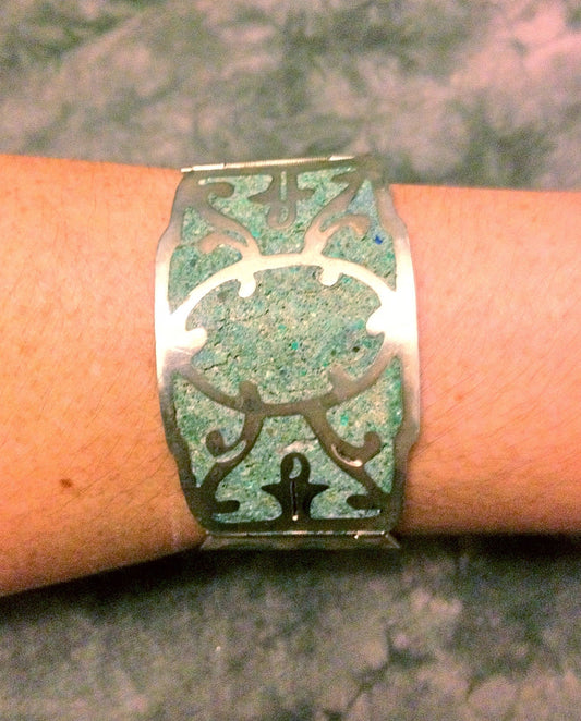 Antique Turquoise Inlay Sterling Silver Mexican Hinged Bangle Panel Bracelet