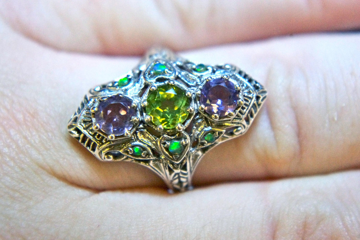 Victorian Revival Sterling Amethyst, Peridot & Green Fire Opal Long Edwardian Filigree Ring