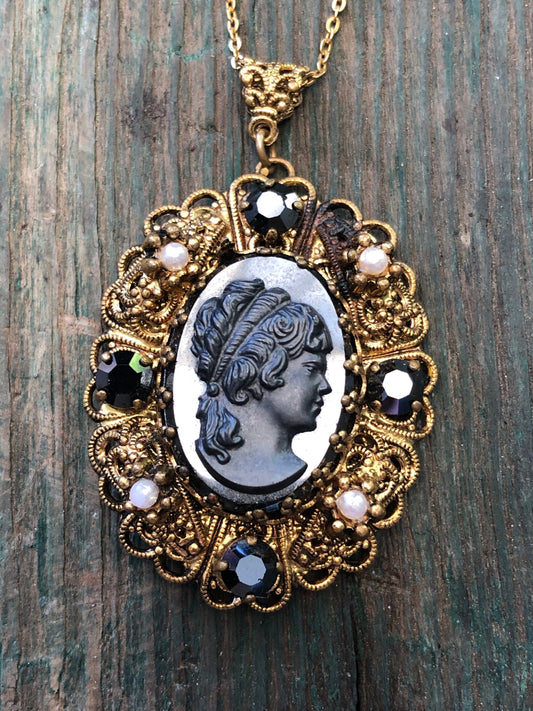 Vintage West German Black Crystal & Art Glass Cameo Necklace in Gold Filigree