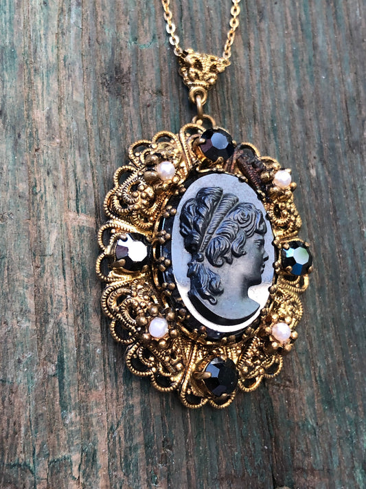 Vintage West German Black Crystal & Art Glass Cameo Necklace in Gold Filigree