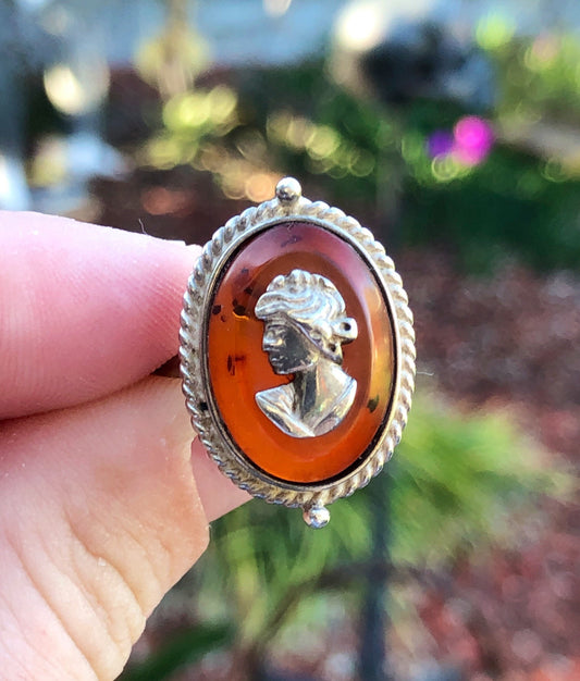 Vintage Sterling Silver & Baltic Amber Cameo Ring