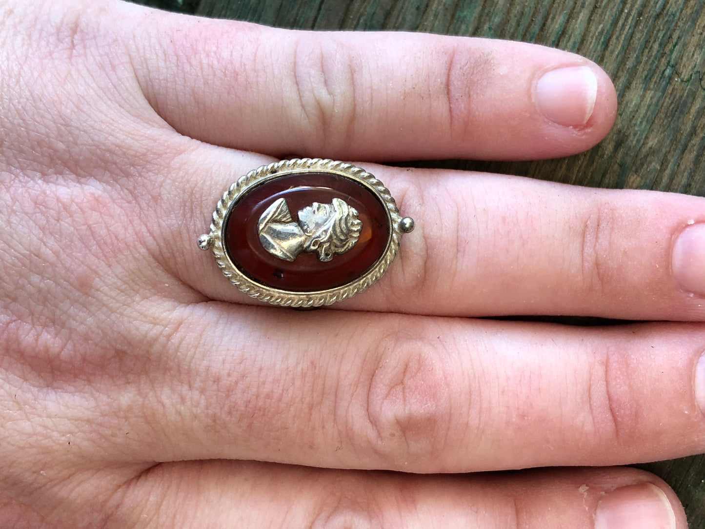 Vintage Sterling Silver & Baltic Amber Cameo Ring