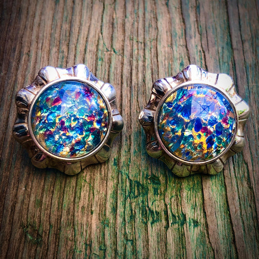 Vintage Dragons Breath Opal Art Glass Sterling Silver Pierced Post Button Earrings