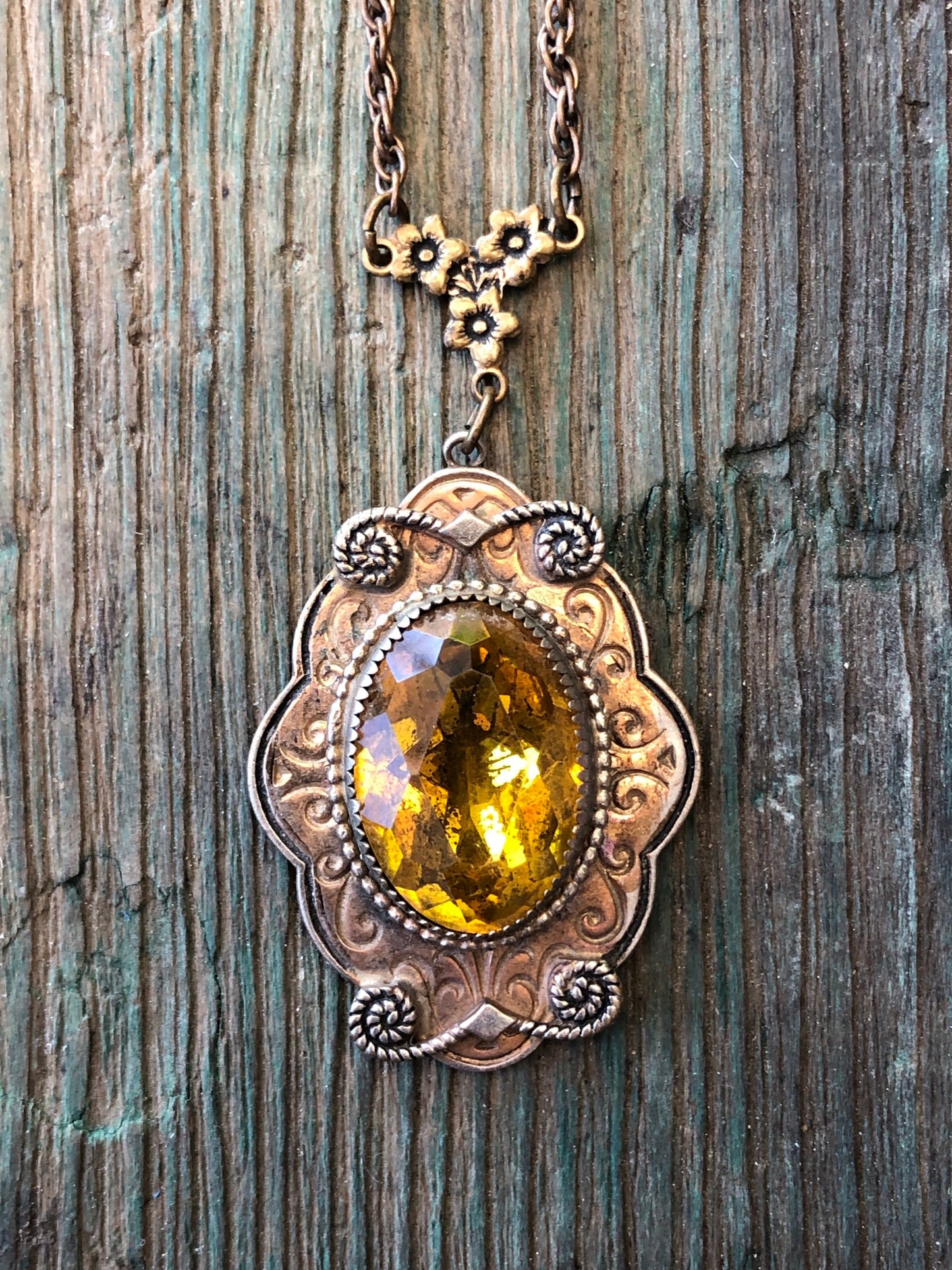 Antique Art Nouveau Gilded Brass & Czech Citrine Art Glass Embossed Necklace
