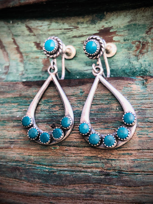 Vintage Sterling Silver & Turquoise Petit Point Zuni Native American Dangle Earrings