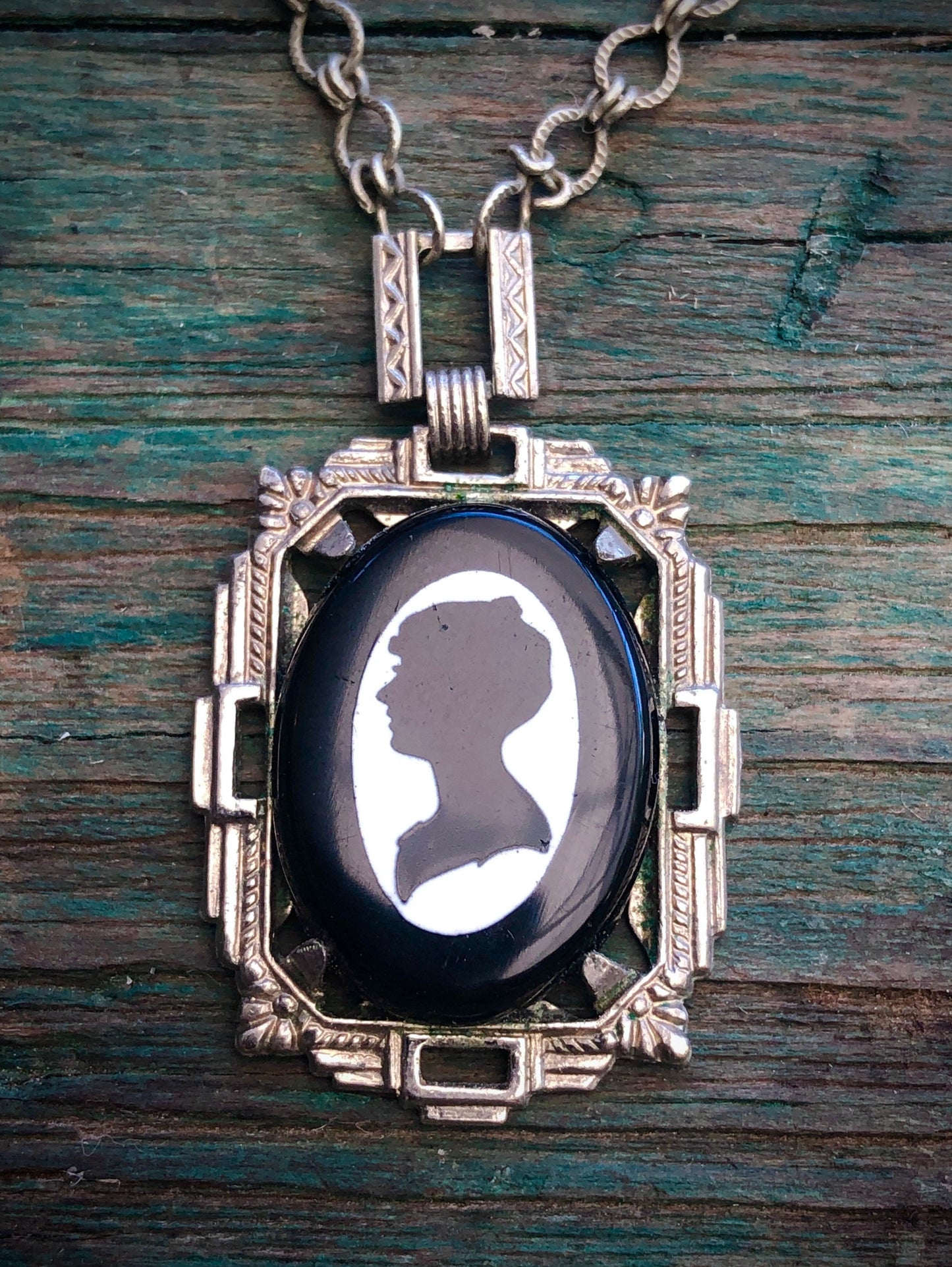 Antique Embossed Silver Art Deco Set Black & White Art Glass Cameo Necklace