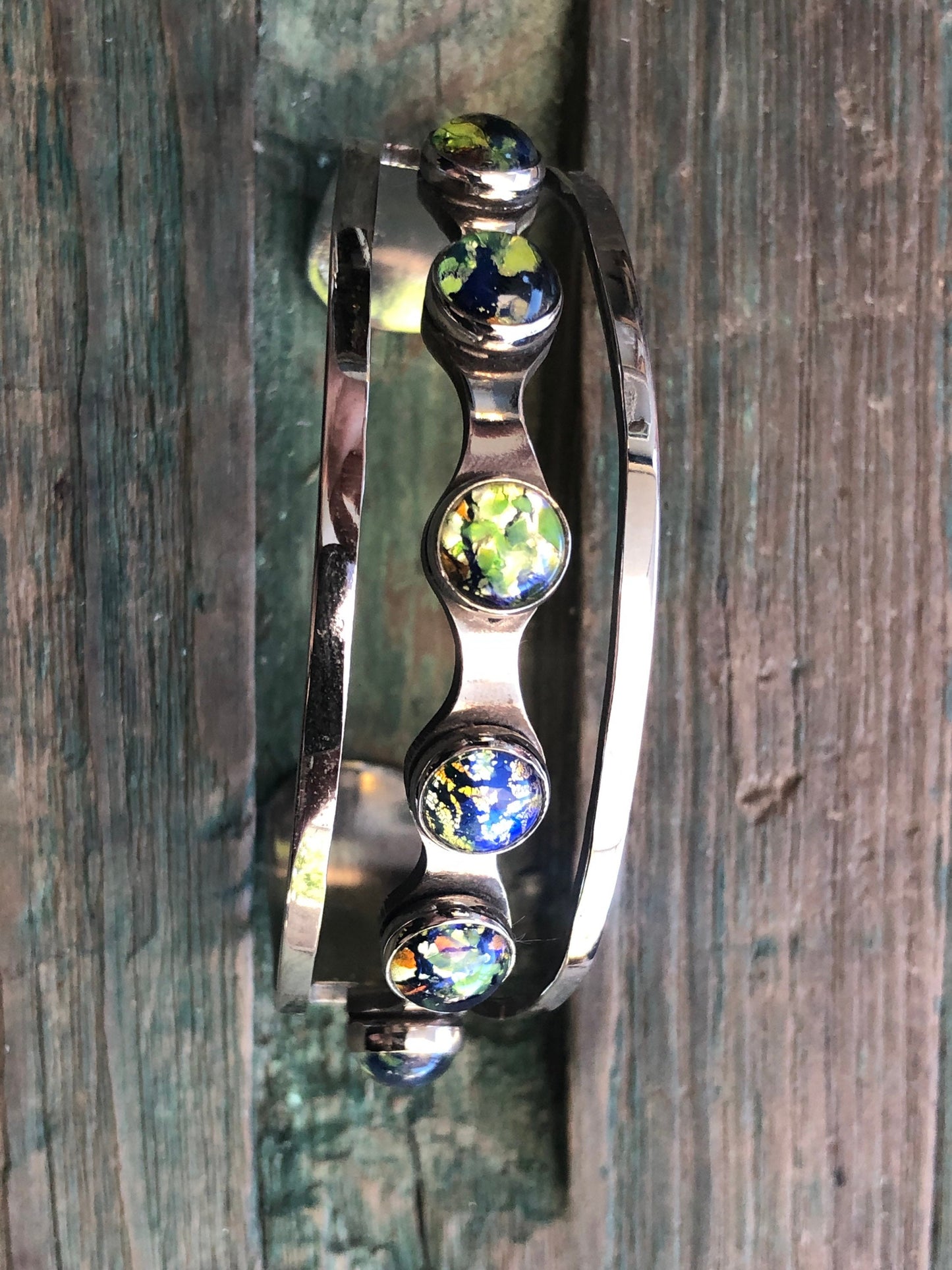 Vintage Green & Blue Dragons Breath Fire Opal Art Glass Sterling Silver Mexican Cuff Bracelet