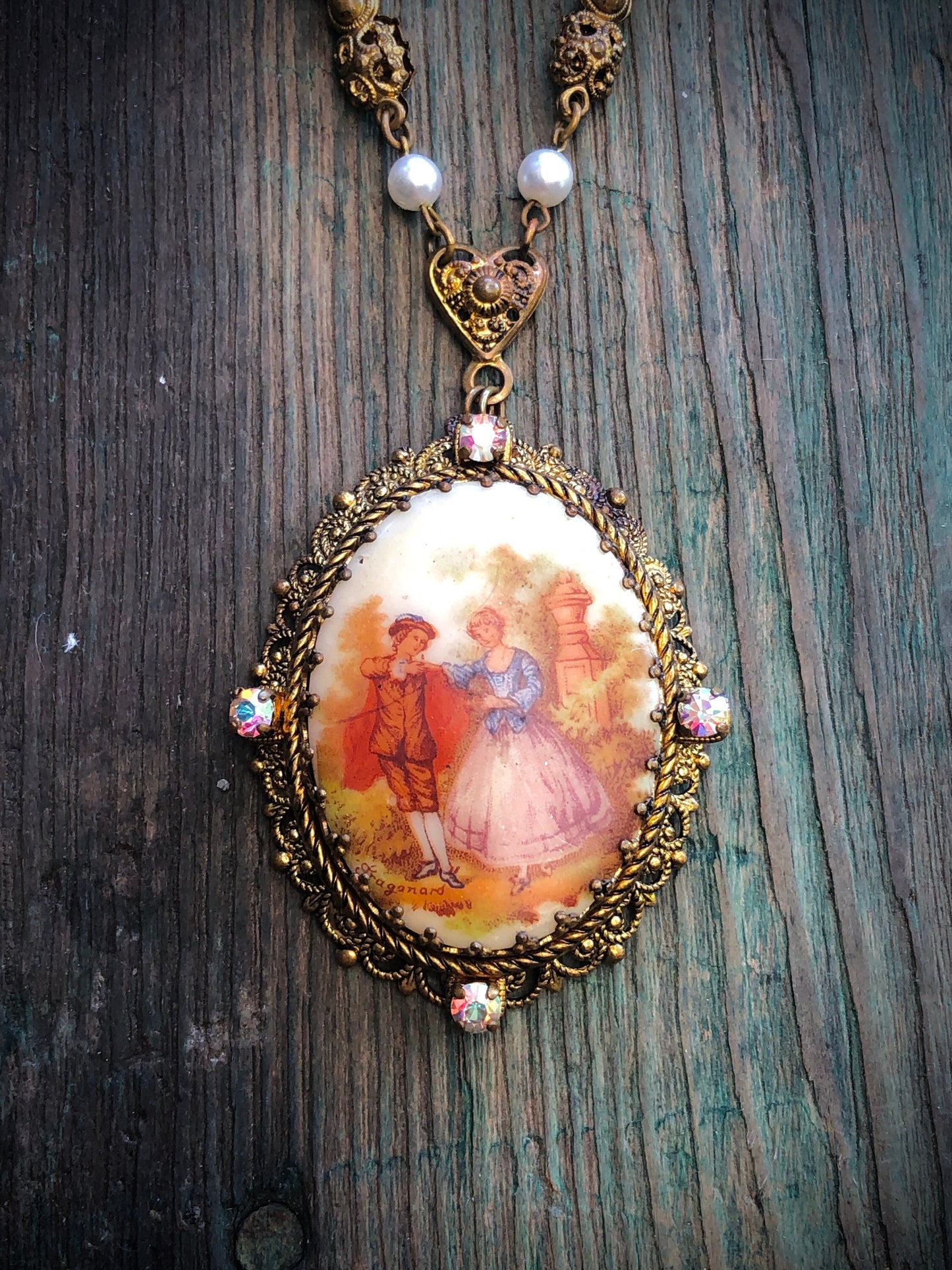 Vintage Signed Fragonard Courting Couple Limoge West German Gold Filigree Cameo Necklace with Aurora Borealis Crystal & Pearl