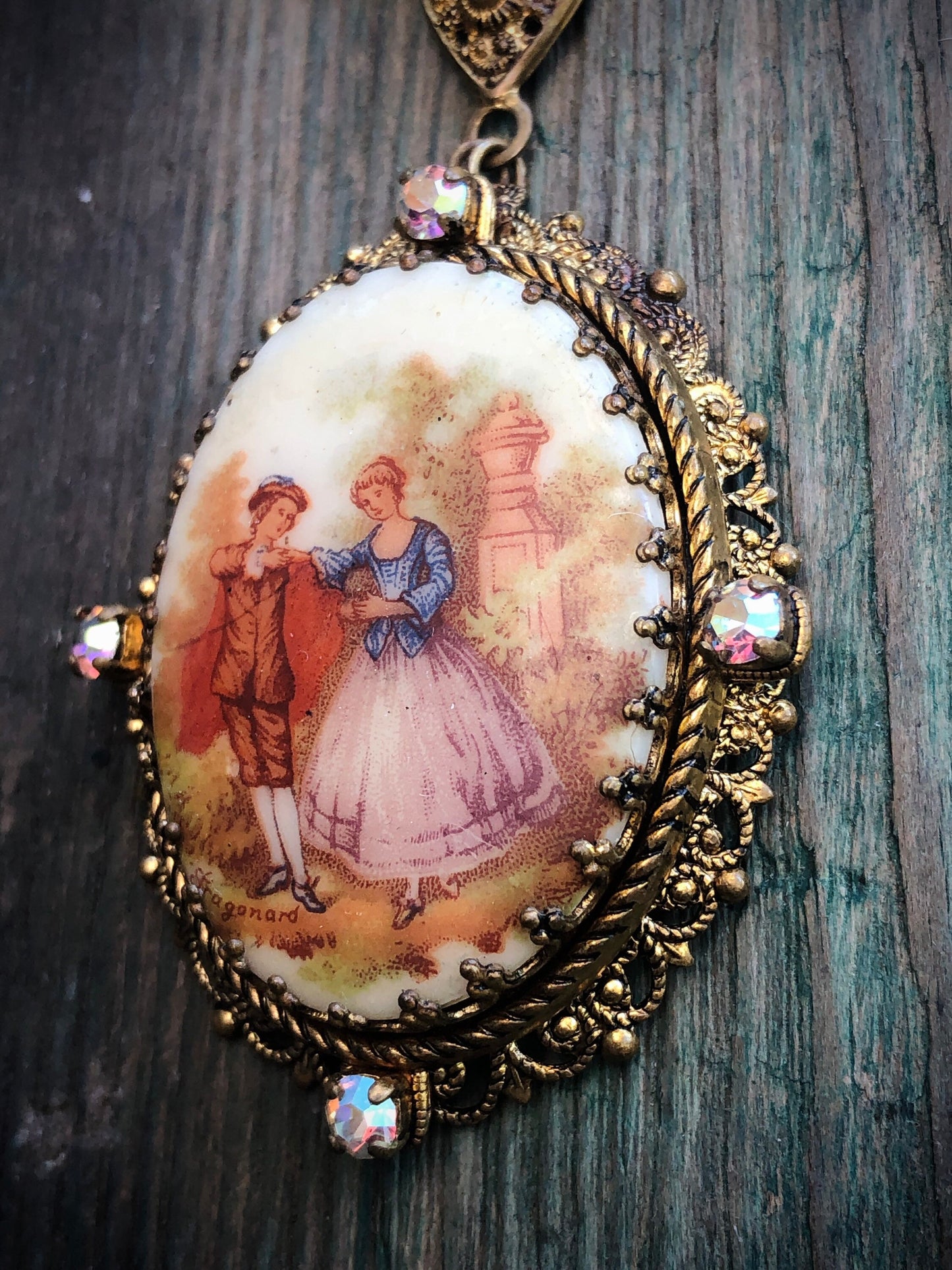 Vintage Signed Fragonard Courting Couple Limoge West German Gold Filigree Cameo Necklace with Aurora Borealis Crystal & Pearl
