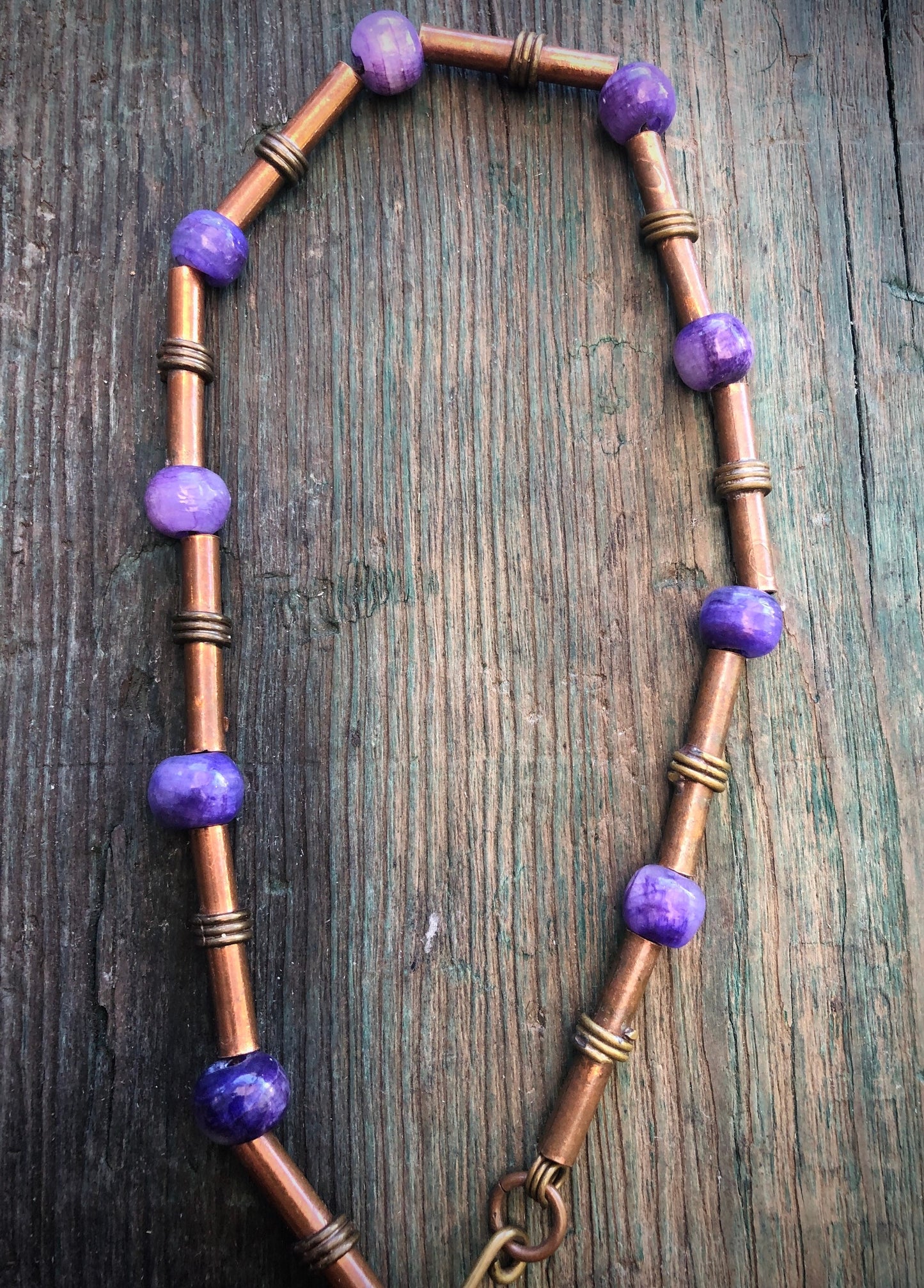 Vintage Mexican Copper & Brass Purple Agate Carved Stone Face Mask & Bead Mixed Metal Necklace