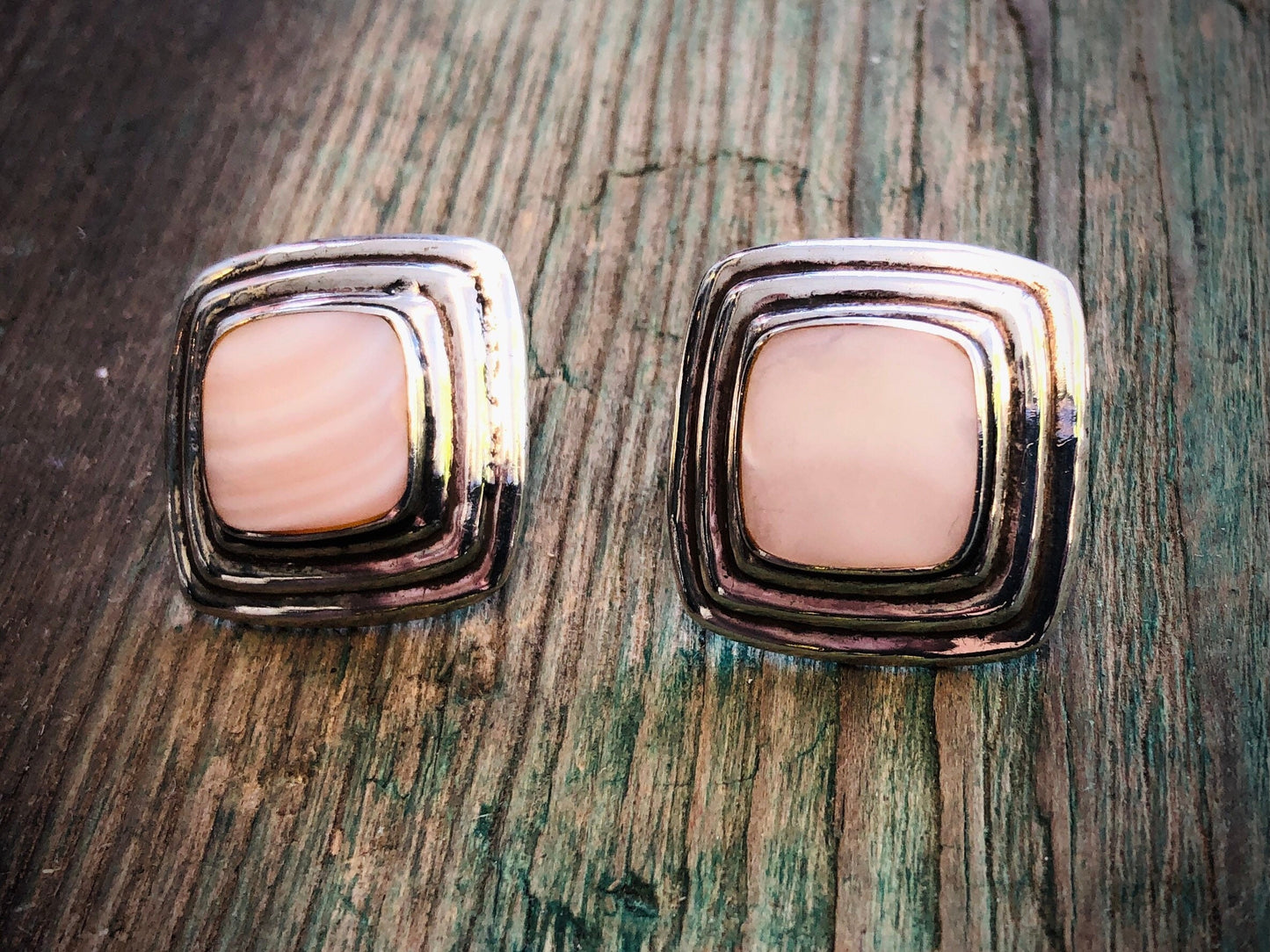 Vintage Mother of Pearl Pink Shell Geometric Square Sterling Silver Button Pierced Earrings