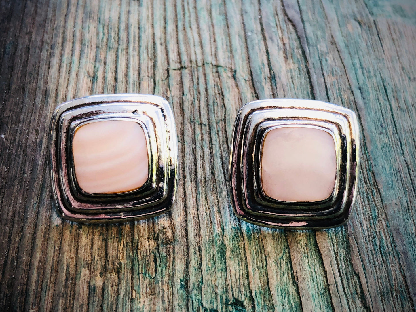 Vintage Mother of Pearl Pink Shell Geometric Square Sterling Silver Button Pierced Earrings