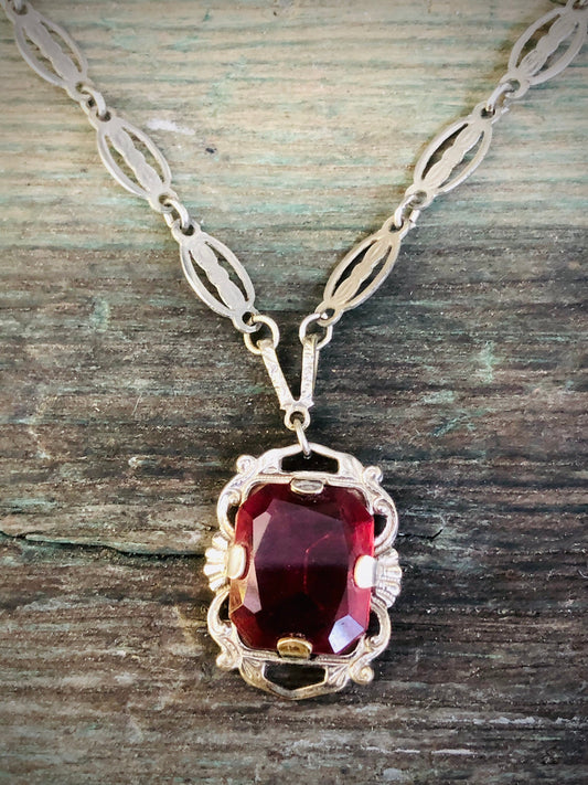 Vintage Art Deco Embossed Silver Floral Chain with Prog Set Faceted Ruby Red Art Glass
