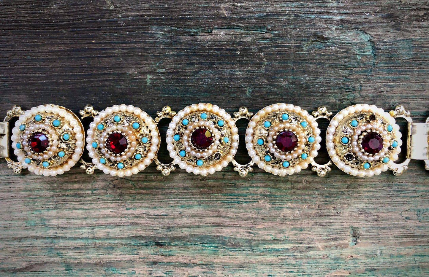Vintage Chunky Gold Book-link Ruby Red Crystal, Pearl & Turquoise Panel Link Bracelet