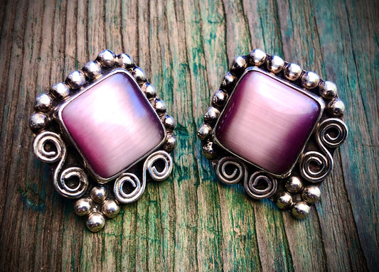 Vintage Purple Cat Eye Art Glass Square Cabochon Bezel set in Sterling Silver Mexican Pierced Post Earrings