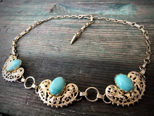 Vintage 1950s Gold Stamping Panel Necklace with Robins Egg Turquoise Blue Glass Cabochons