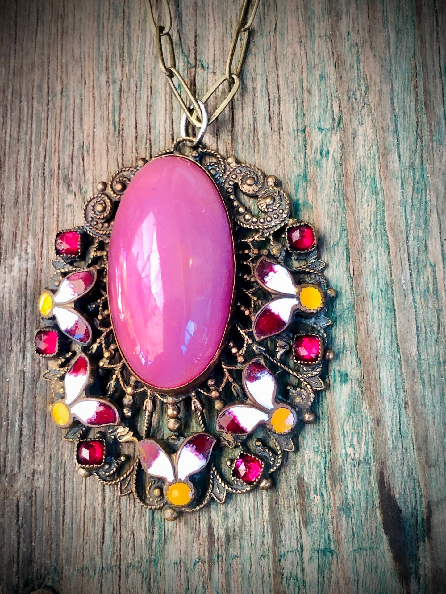 Gorgeous Vintage Art Nouveau Czech Pink Art Glass with Yellow, White & Red Enamel in Brass Filigree Necklace