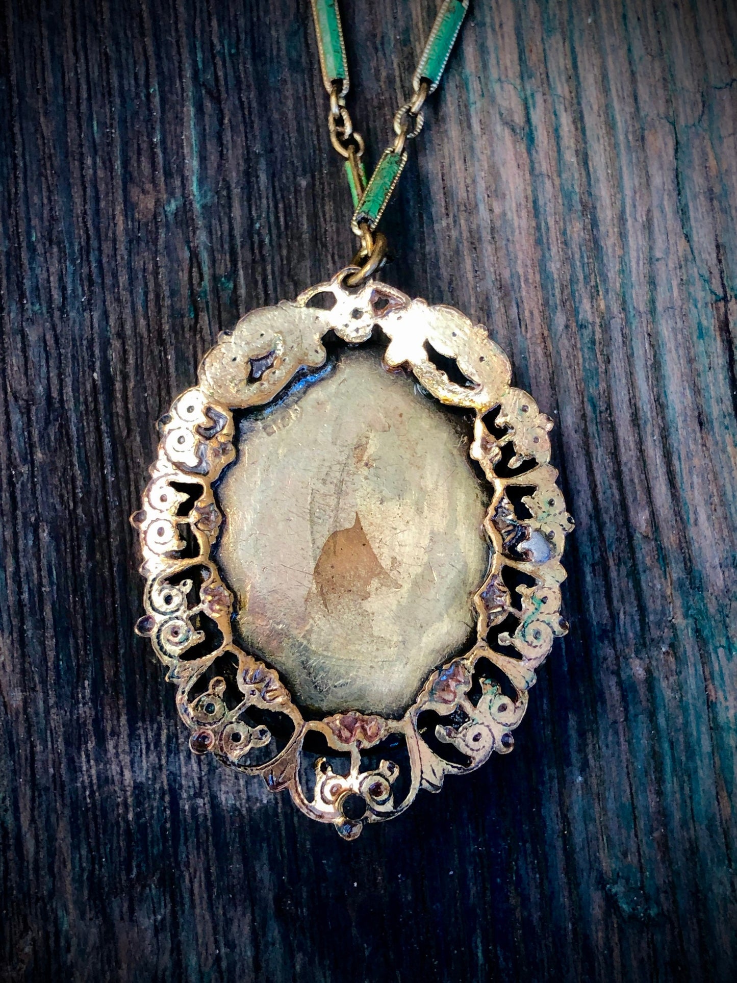 Art Nouveau Czech Peking Green Marble Art Glass Enamel Brass Filigree Necklace
