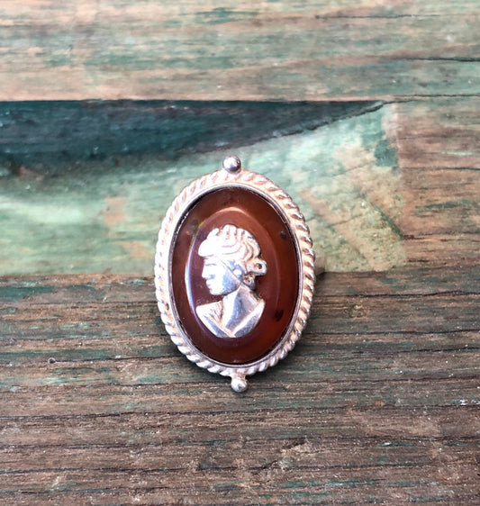 Vintage Sterling Silver & Baltic Amber Cameo Ring