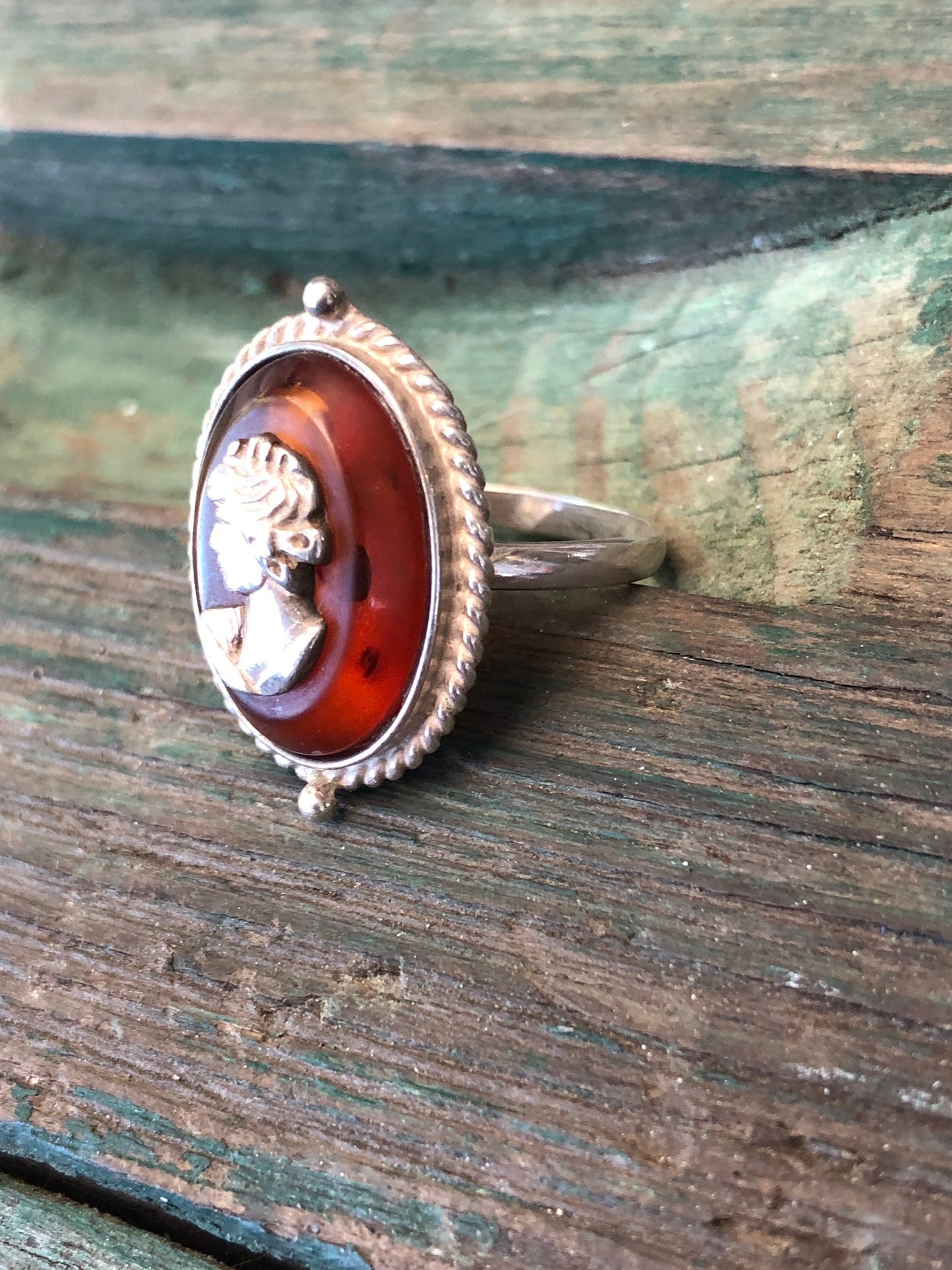 Vintage Sterling Silver & Baltic Amber Cameo Ring