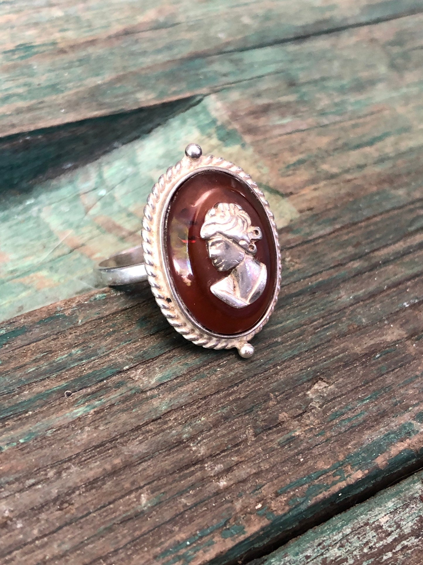 Vintage Sterling Silver & Baltic Amber Cameo Ring