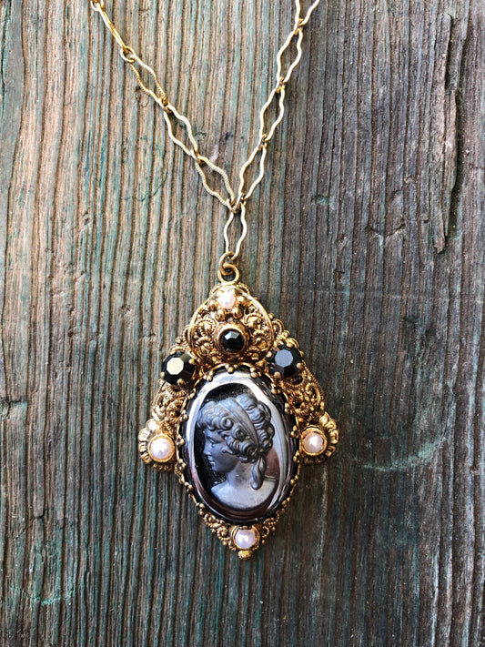 Unique Triangular Vintage West German Black Hematite Art Glass & Crystal Cameo Necklace in Gold Filigree on Textured Gold Chain