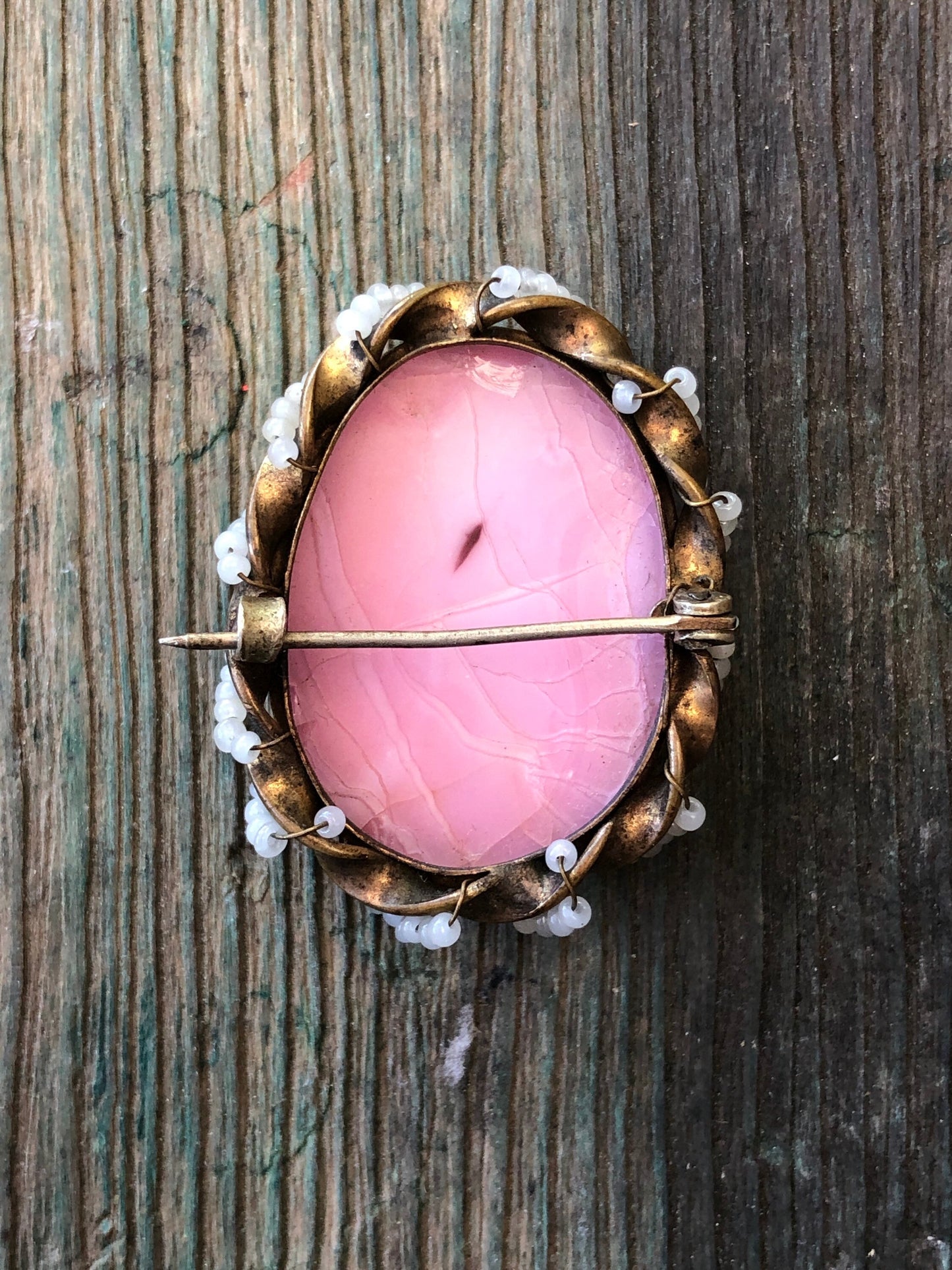 Antique Victorian Pink Art Glass & White Pearl Glass Bead in Gold Setting Brooch
