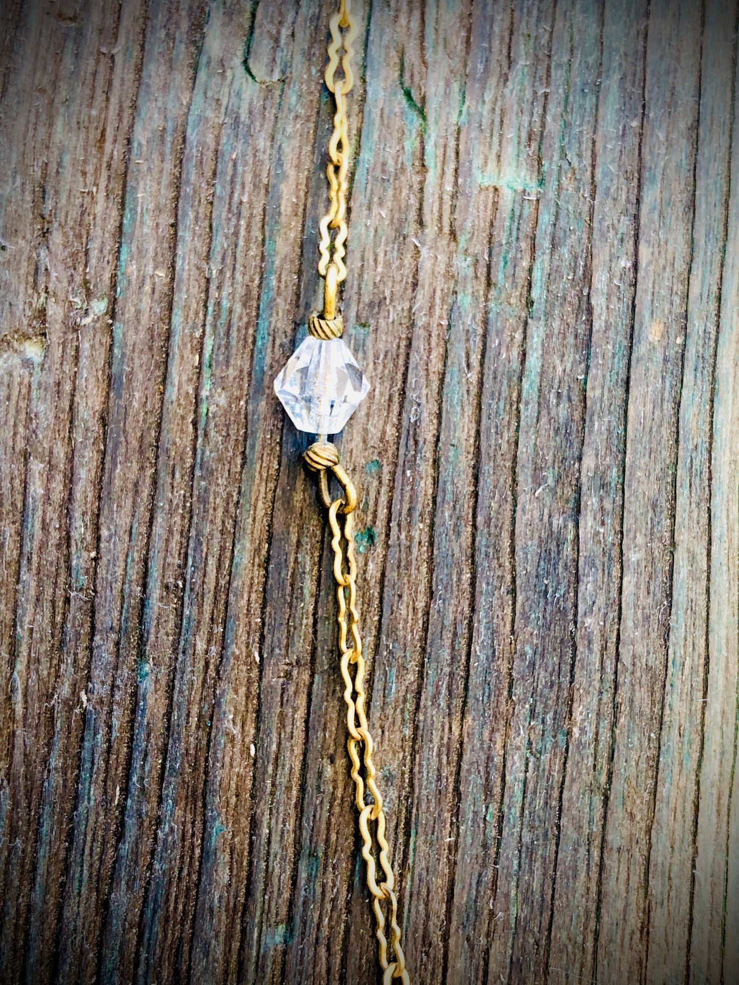 Antique Dangling Austrian Crystal Necklace on Gilded Gold Brass Peanut Chain