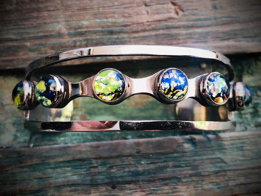 Vintage Green & Blue Dragons Breath Fire Opal Art Glass Sterling Silver Mexican Cuff Bracelet