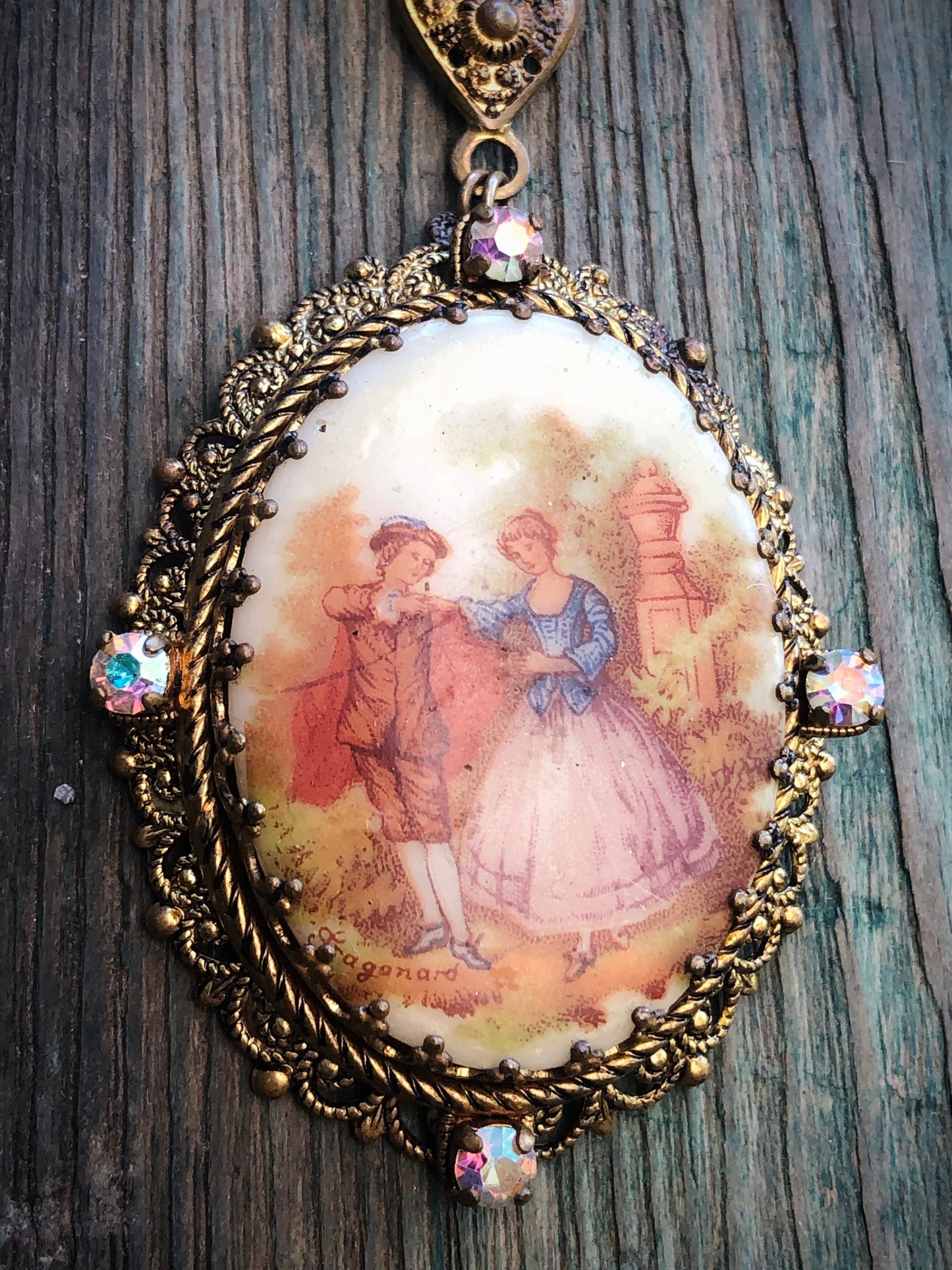 Vintage Signed Fragonard Courting Couple Limoge West German Gold Filigree Cameo Necklace with Aurora Borealis Crystal & Pearl