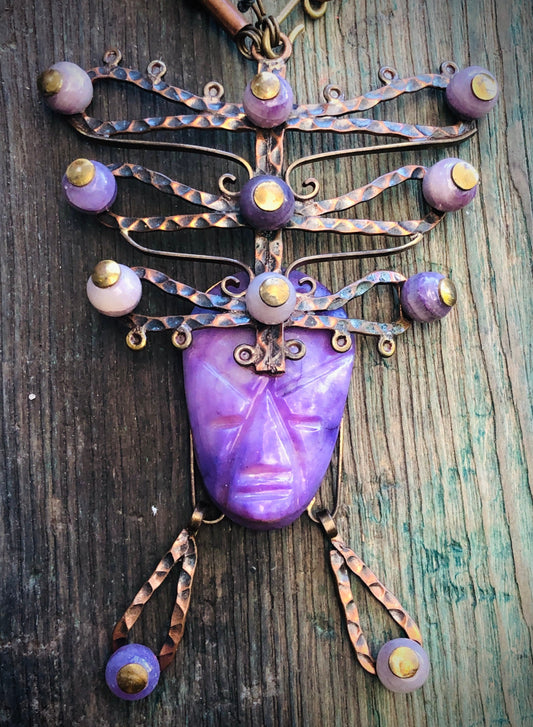 Vintage Mexican Copper & Brass Purple Agate Carved Stone Face Mask & Bead Mixed Metal Necklace