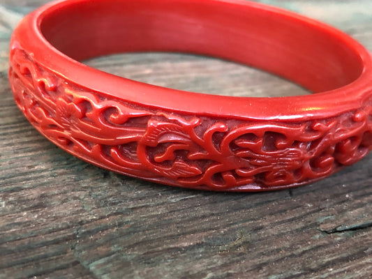 Vintage Red Cinnabar Molded Early Plastic Floral Carved Design Bangle Bracelet