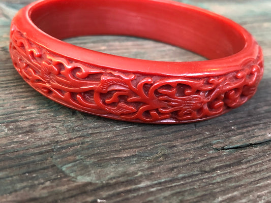 Vintage Red Cinnabar Molded Early Plastic Floral Carved Design Bangle Bracelet