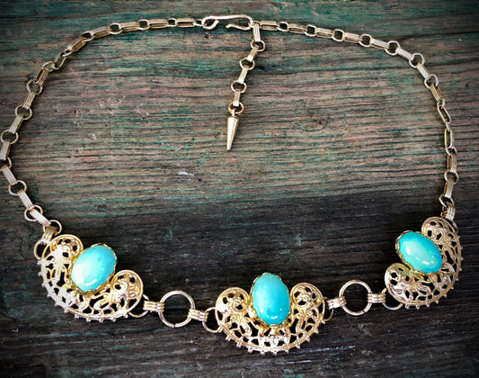 Vintage 1950s Gold Stamping Panel Necklace with Robins Egg Turquoise Blue Glass Cabochons