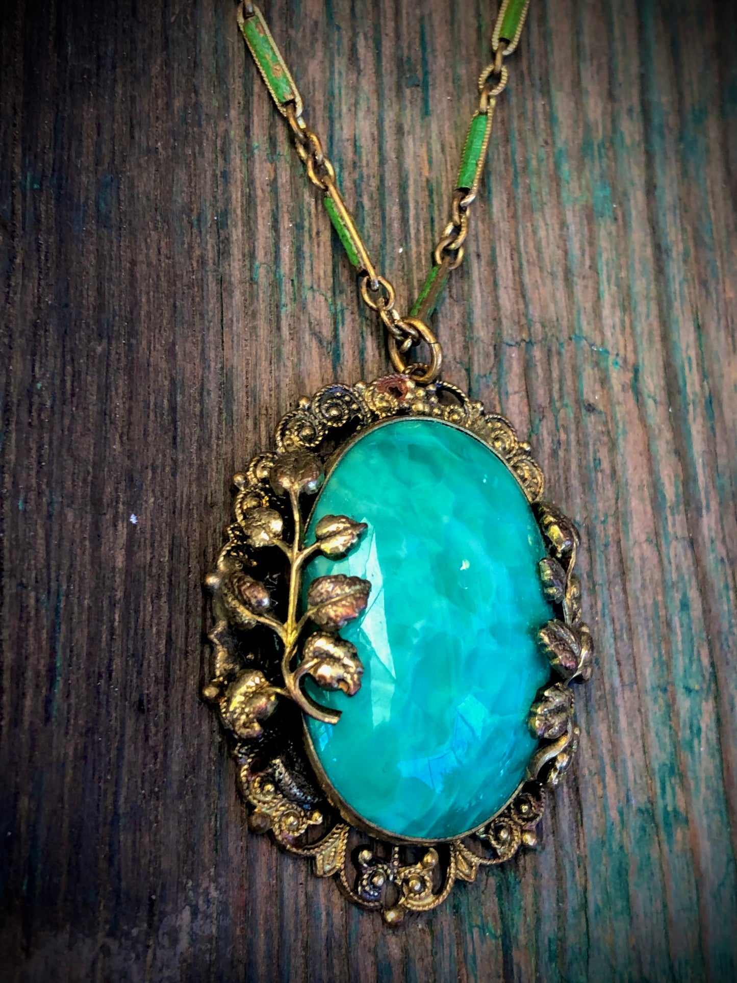 Art Nouveau Czech Peking Green Marble Art Glass Enamel Brass Filigree Necklace