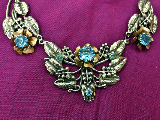 Incredible Antique Art Nouveau Hobe Blue Aquamarine Crystal Copper & Silver Flower, Leaves Design Chevron Necklace and Bracelet Demi Parure