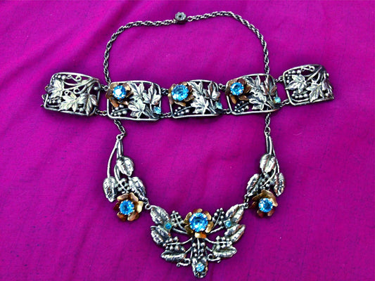 Incredible Antique Art Nouveau Hobe Blue Aquamarine Crystal Copper & Silver Flower, Leaves Design Chevron Necklace and Bracelet Demi Parure