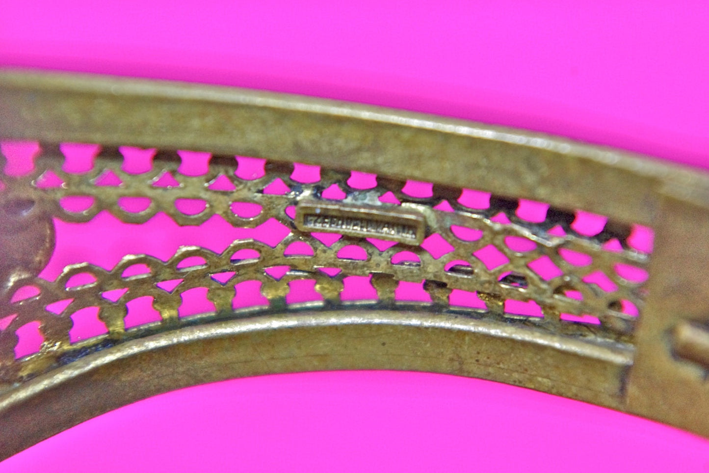Beautiful Czech Amber Citrine Crystal Prong Set Brass Filigree Hinged Clamper Bracelet
